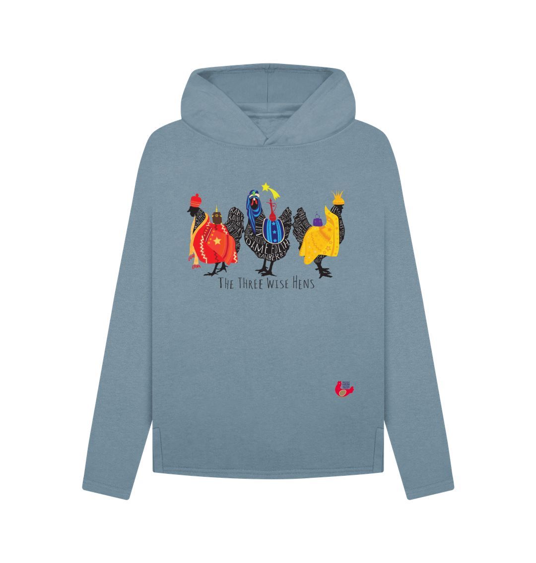Stone Blue Women's Hoodie- Bob Mortimer Three Wise Hens