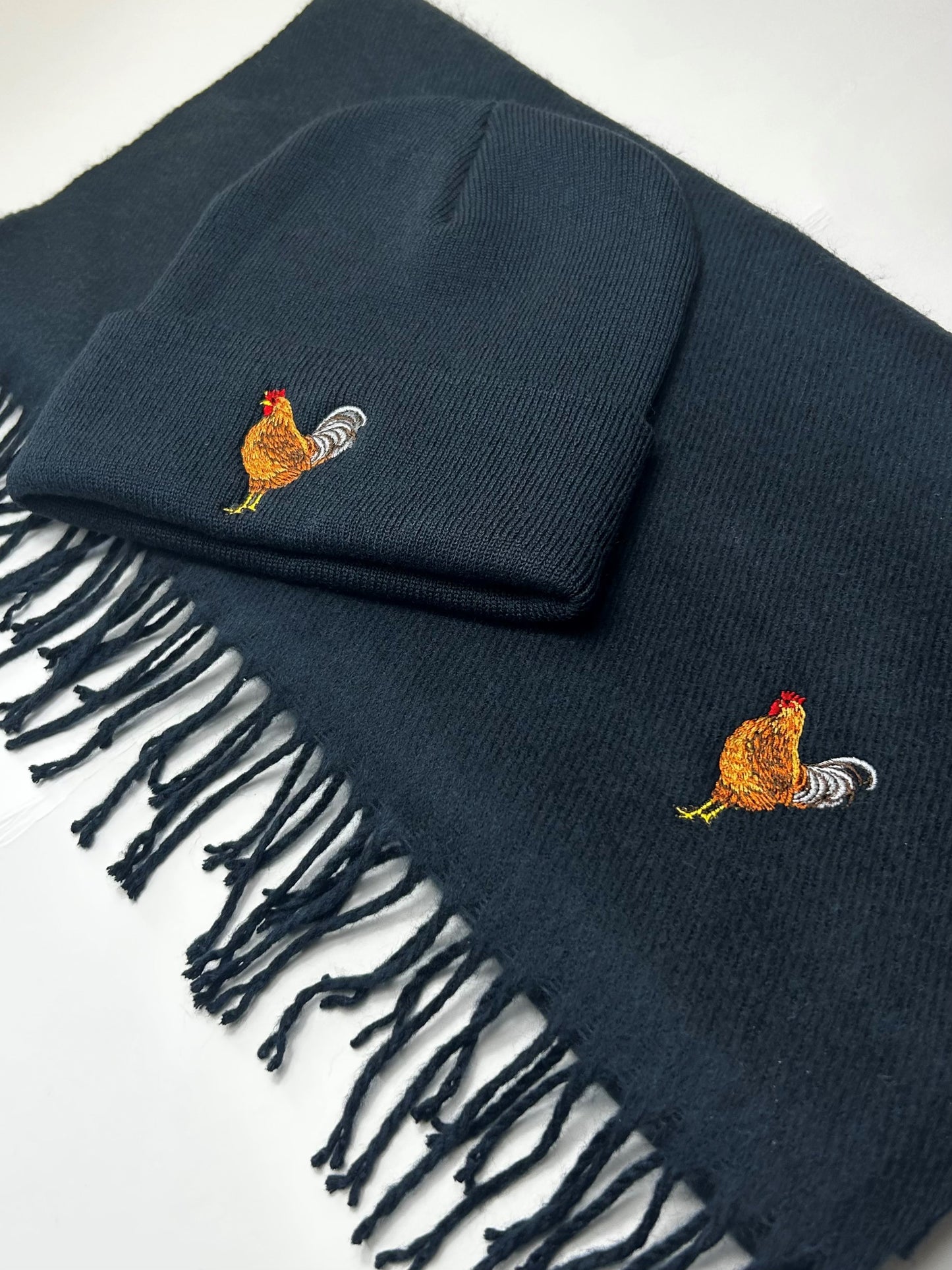 Thread and Needles Co Chicken Embroidered Matching Scarf and Hat Set