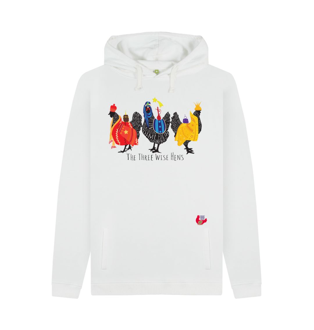 White Men's Hoodie- Bob Mortimer Three Wise Hens