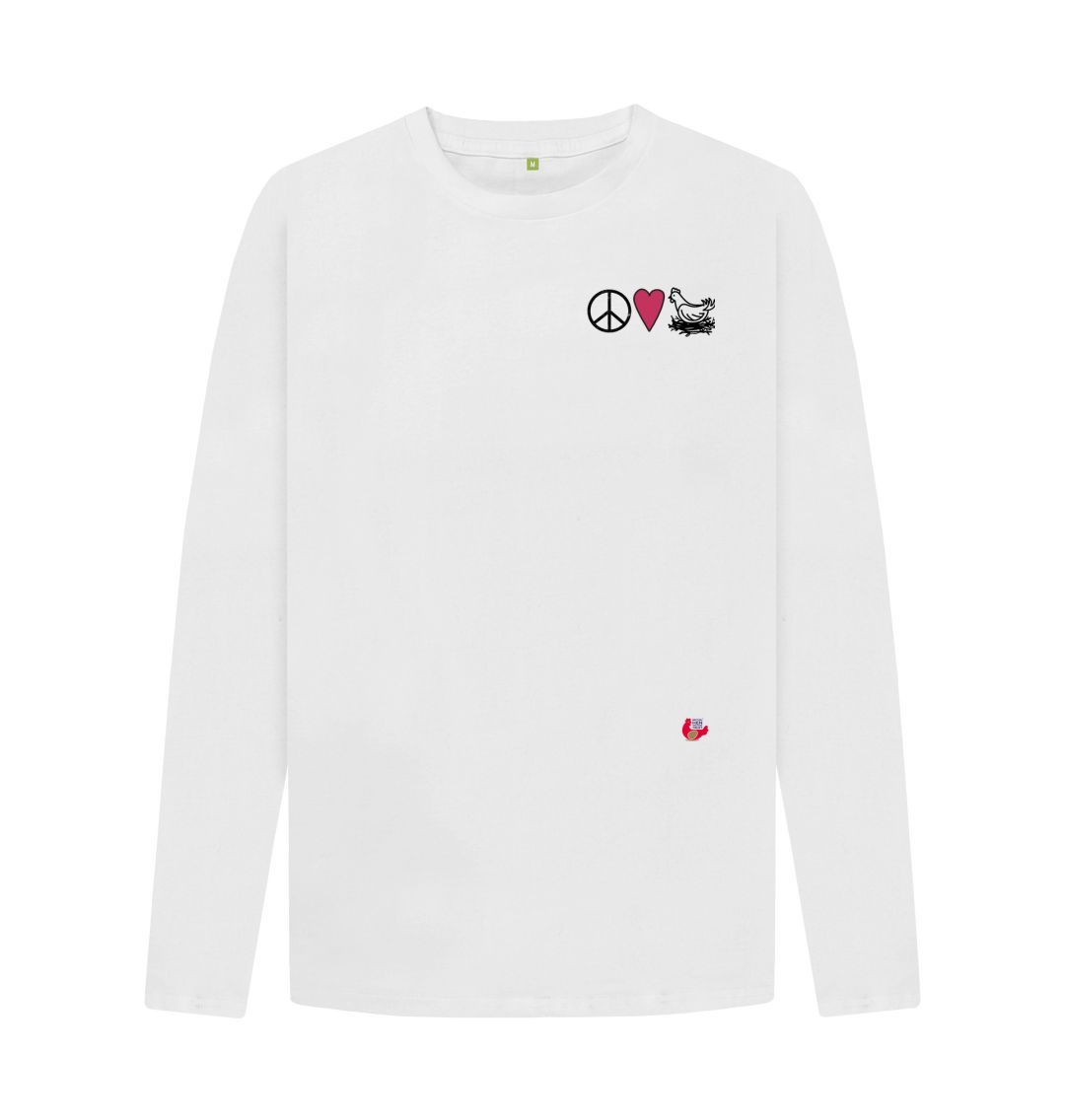 White Men's Long Sleeve T-Shirt - Peace, Love & Chickens - Small Logo