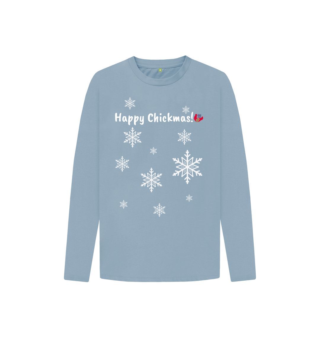 Stone Blue Kids Long Sleeve T-Shirt - Happy Chickmas! Snowflakes