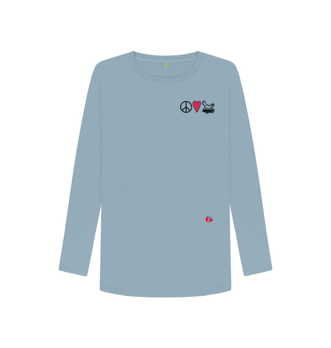 Stone Blue Women's Long Sleeve T-Shirt - Peace Love & Chickens - Small Logo