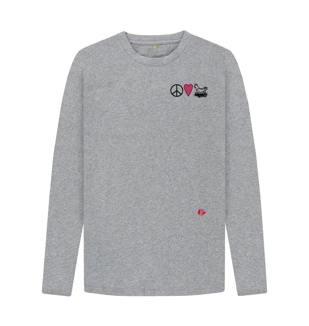Athletic Grey Men's Long Sleeve T-Shirt - Peace, Love & Chickens - Small Logo