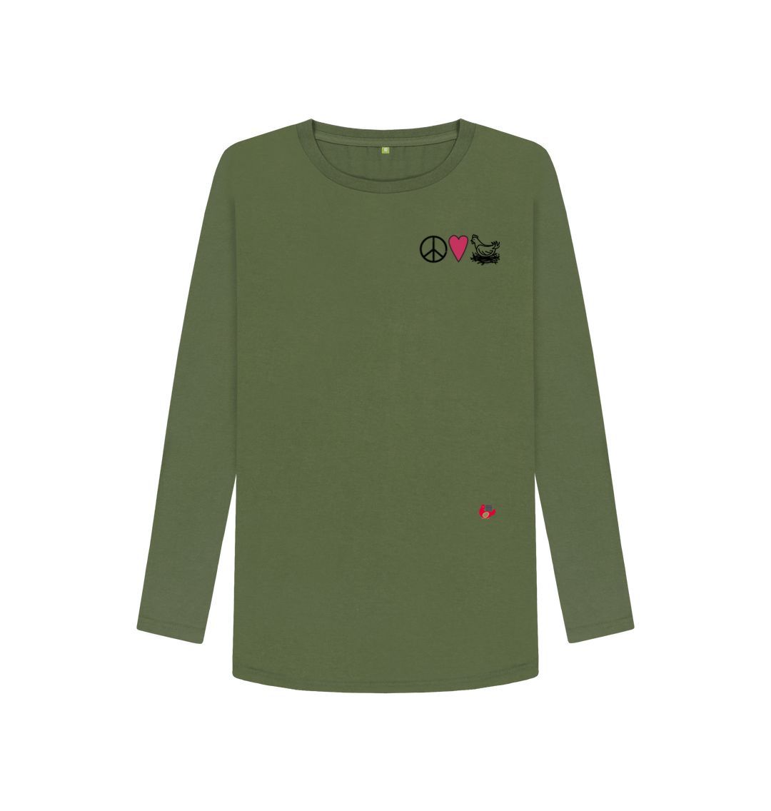 Khaki Women's Long Sleeve T-Shirt - Peace Love & Chickens - Small Logo