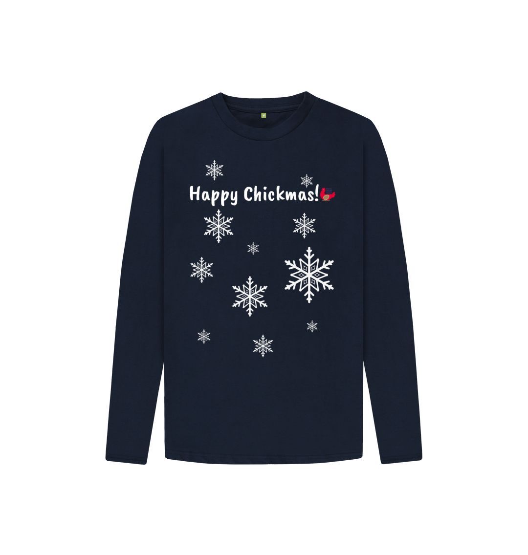 Navy Blue Kids Long Sleeve T-Shirt - Happy Chickmas! Snowflakes
