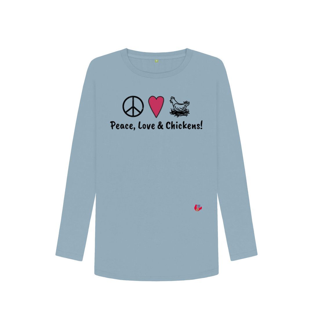 Stone Blue Women's Long Sleeve T-Shirt - Peace, Love & Chickens - Large Logo