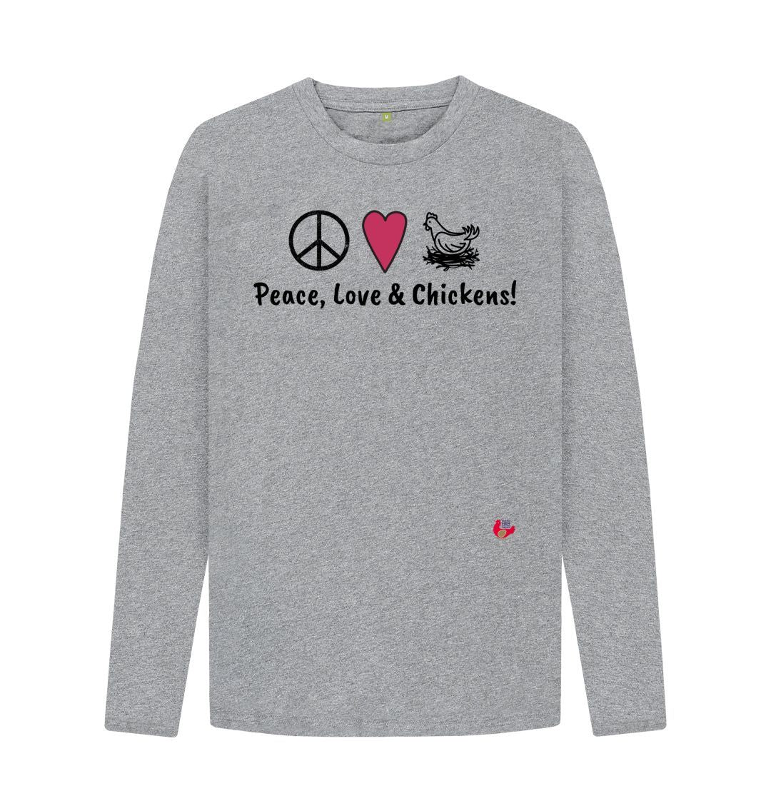Athletic Grey Men's Long Sleeve T-Shirt - Peace, Love & Chickens - Large Logo