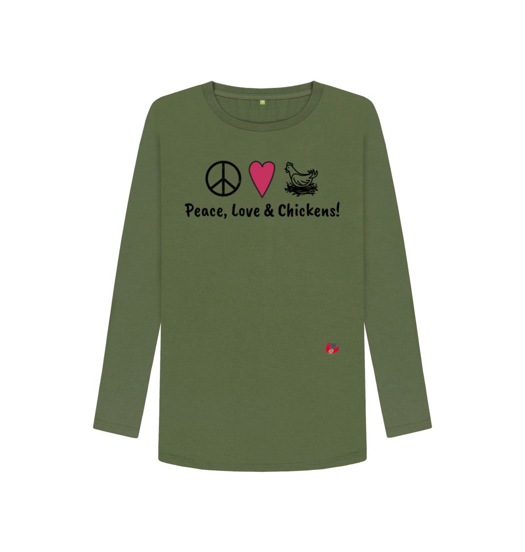 Khaki Women's Long Sleeve T-Shirt - Peace, Love & Chickens - Large Logo