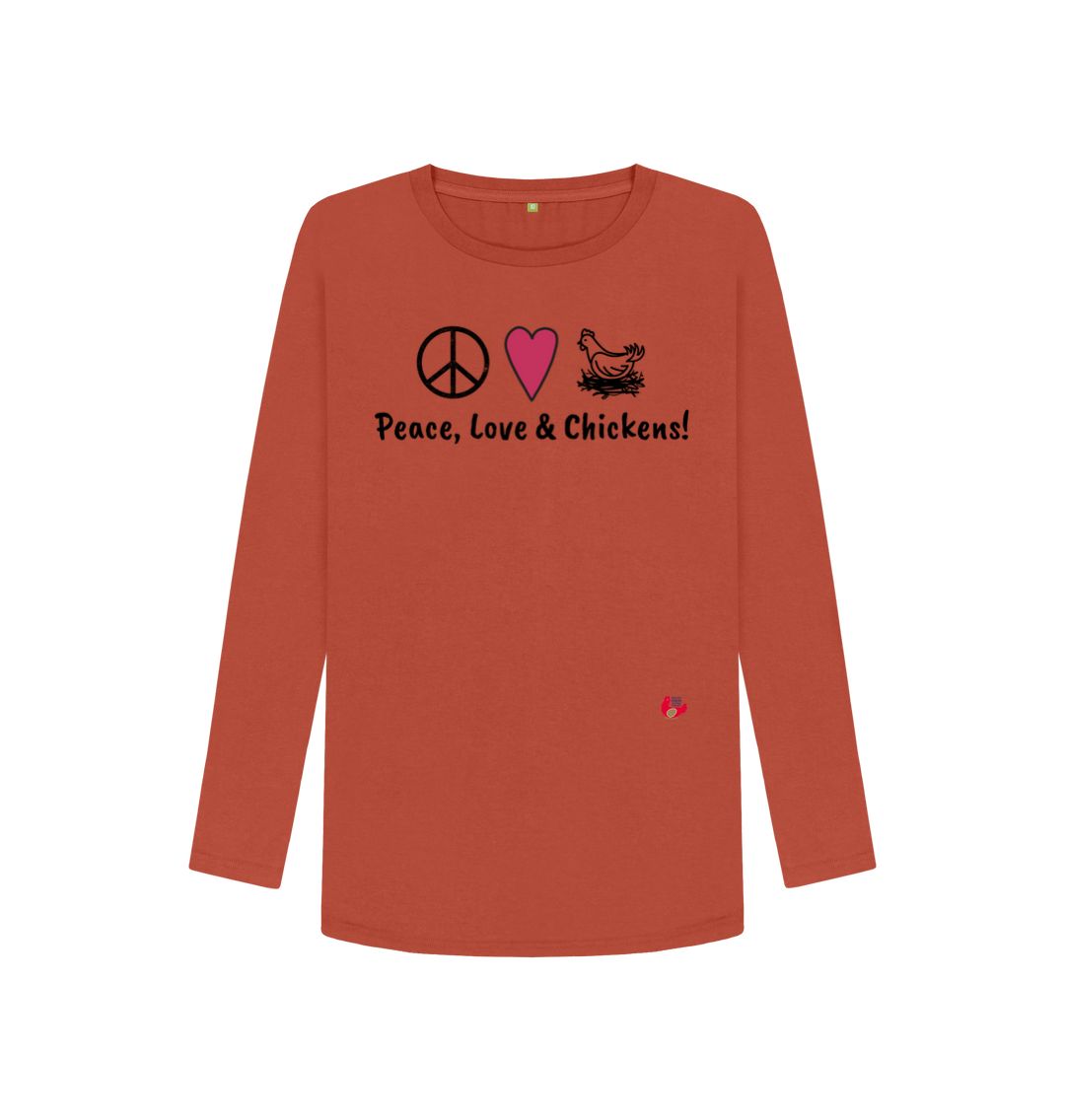 Rust Women's Long Sleeve T-Shirt - Peace, Love & Chickens - Large Logo