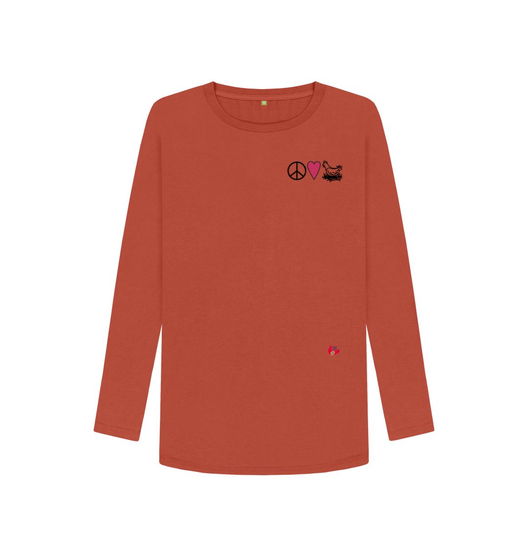 Rust Women's Long Sleeve T-Shirt - Peace Love & Chickens - Small Logo