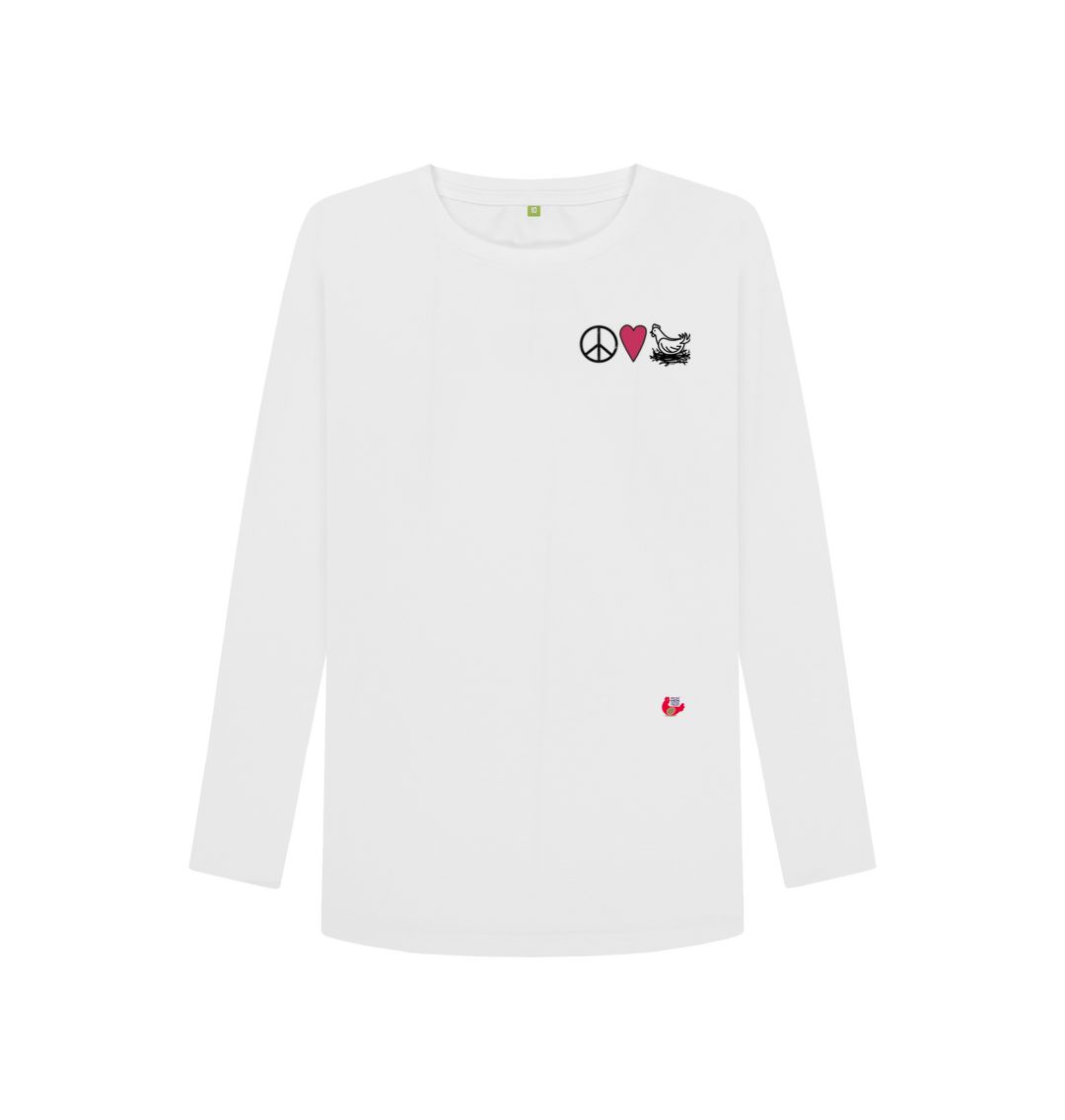 White Women's Long Sleeve T-Shirt - Peace Love & Chickens - Small Logo