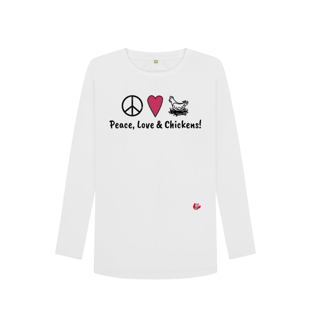 White Women's Long Sleeve T-Shirt - Peace, Love & Chickens - Large Logo