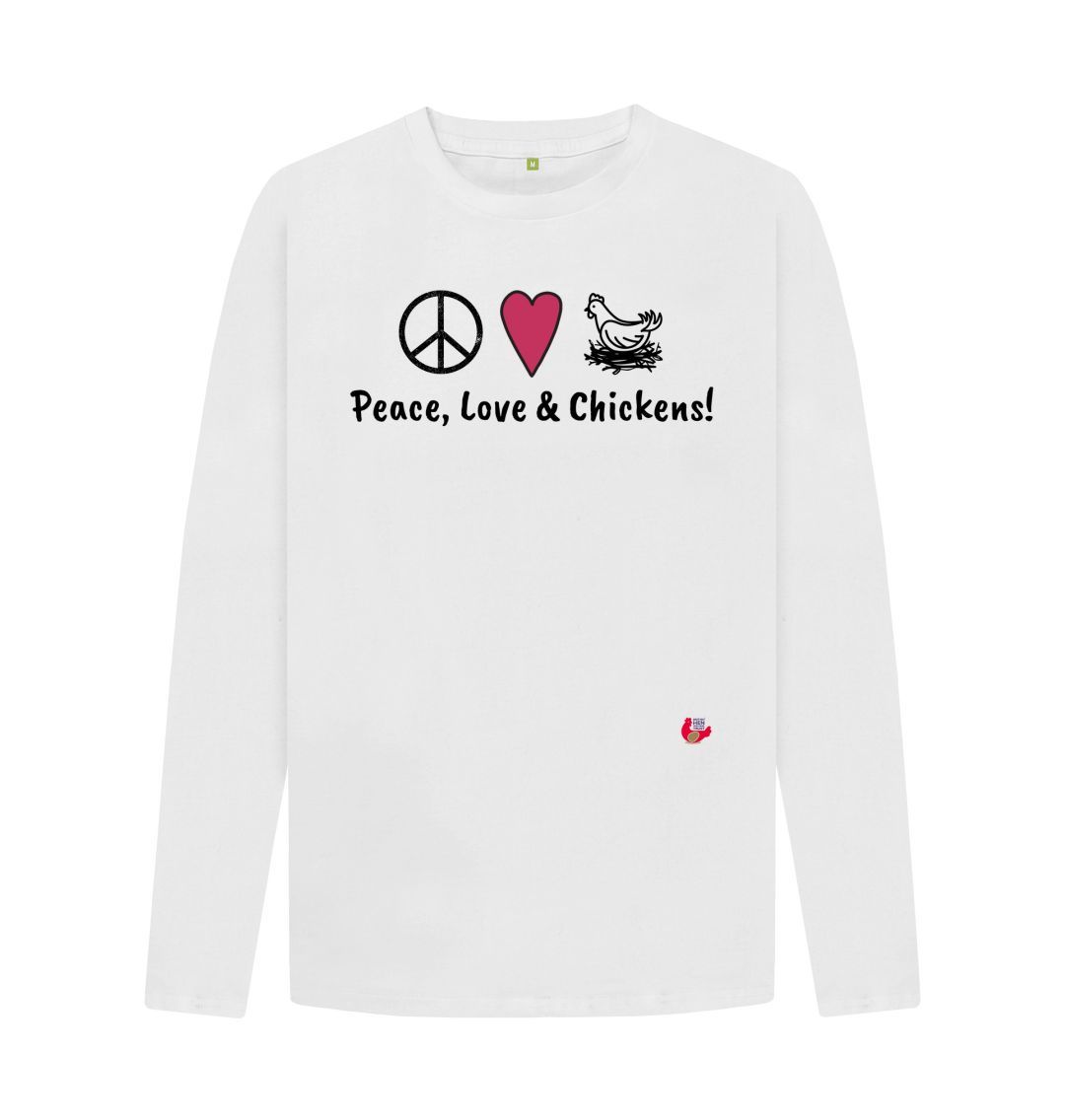White Men's Long Sleeve T-Shirt - Peace, Love & Chickens - Large Logo