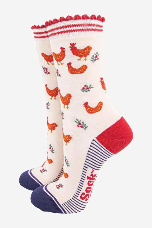 Women's Bamboo Socks - Cream & Red Christmas Print