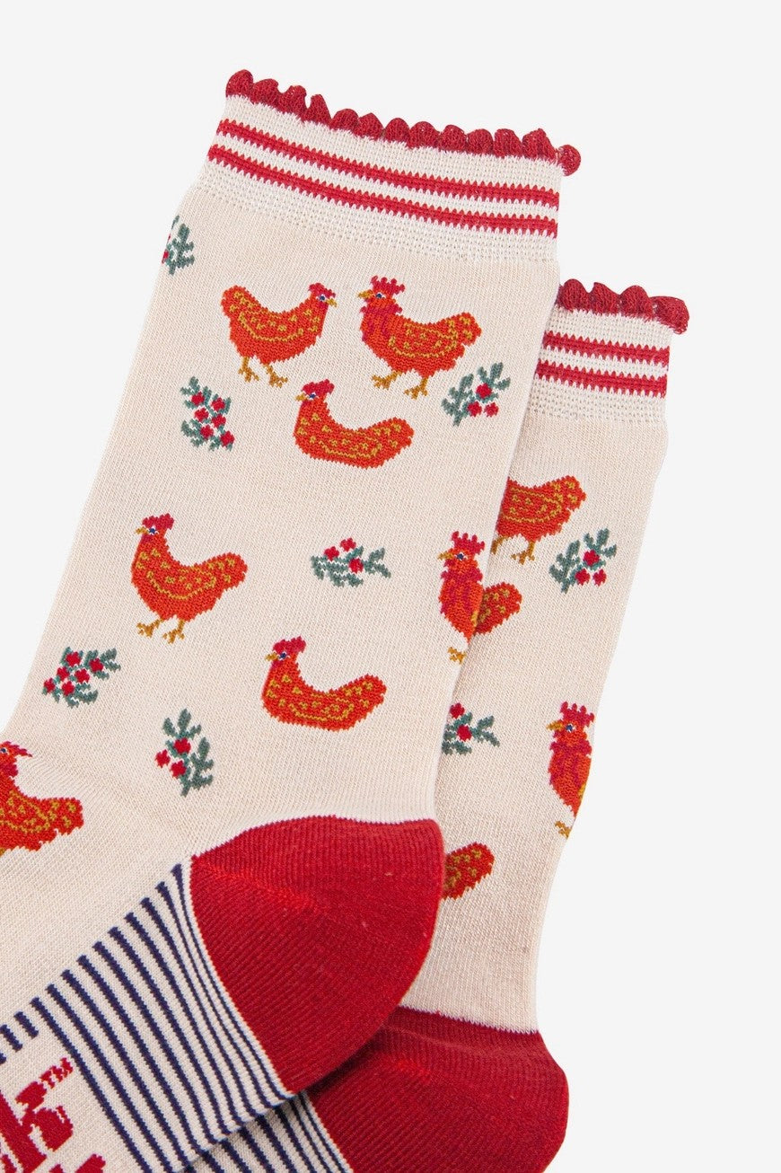 Women's Bamboo Socks - Cream & Red Christmas Print