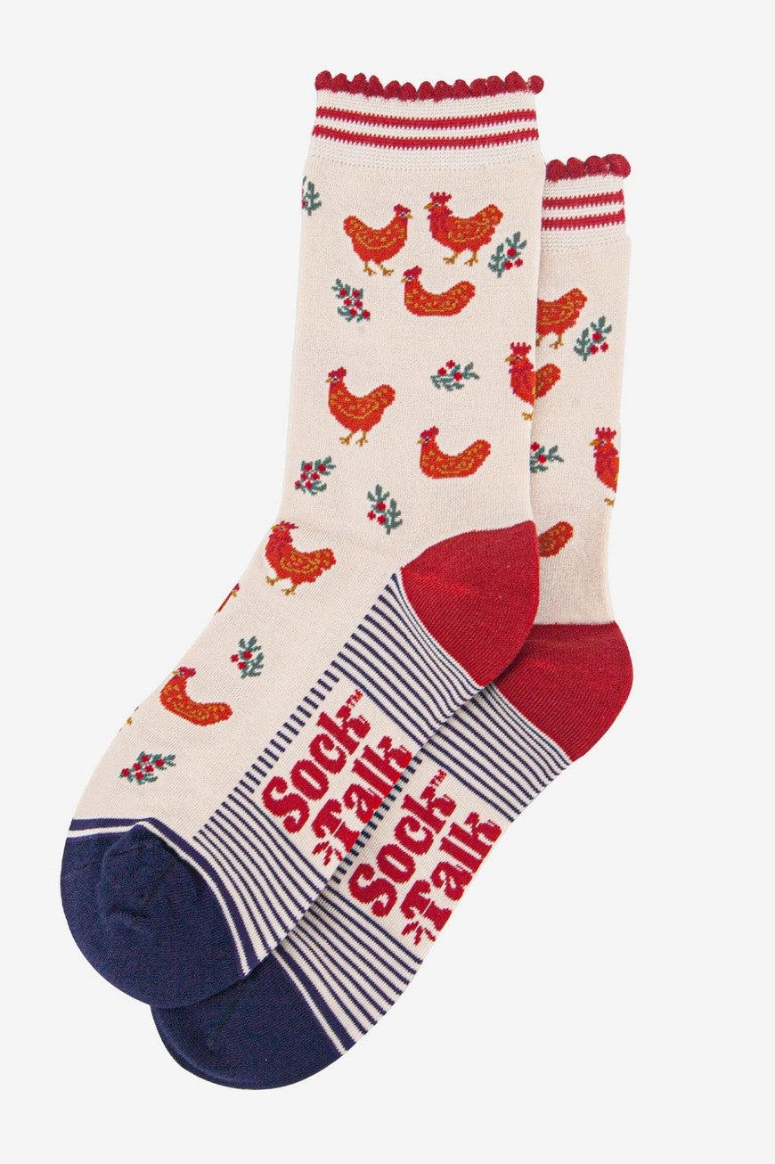 Women's Bamboo Socks - Cream & Red Christmas Print