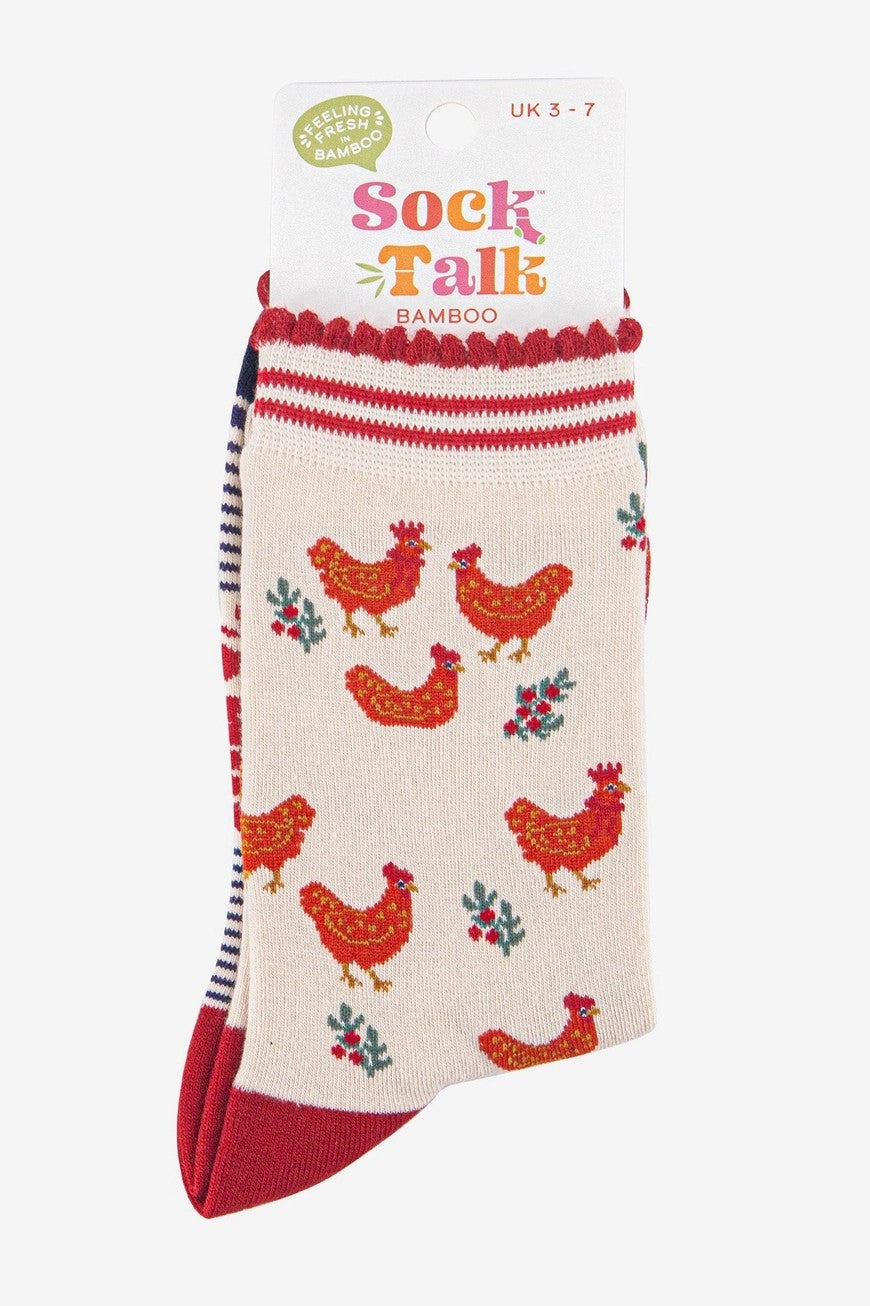 Women's Bamboo Socks - Cream & Red Christmas Print