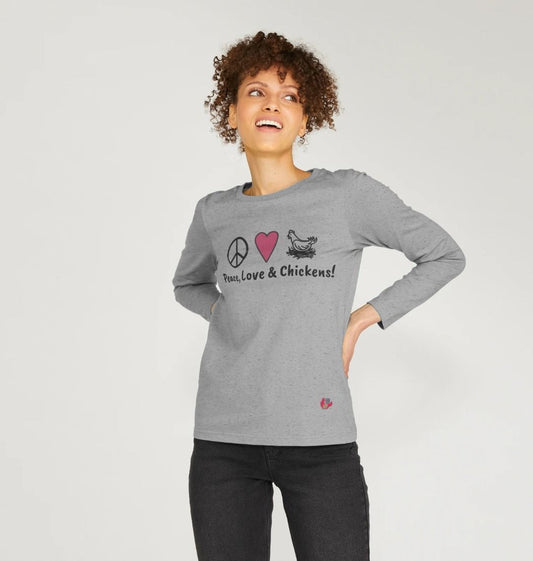 Women's Long Sleeve T-Shirt - Peace, Love & Chickens - Large Logo
